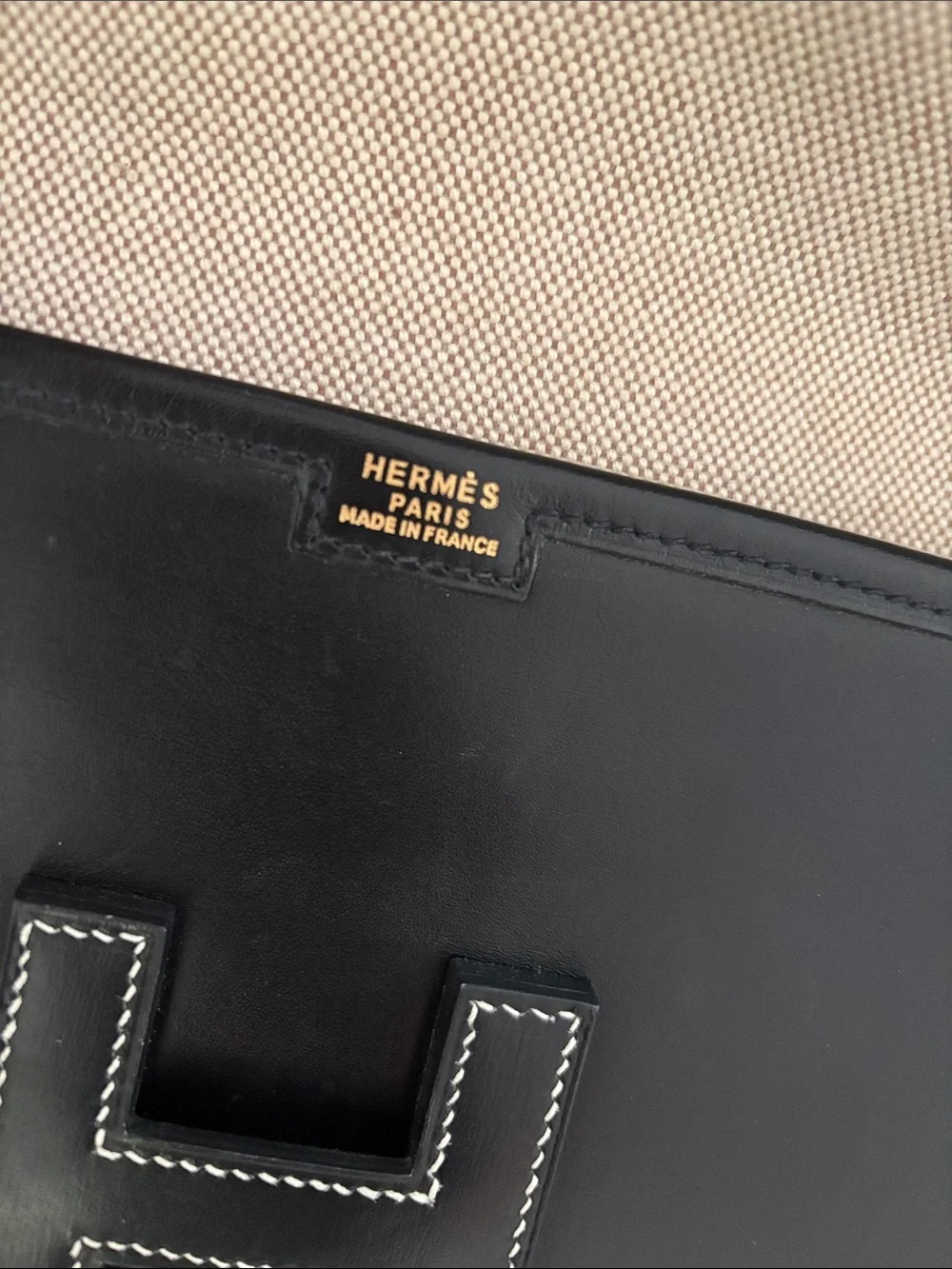 Hermes Black Leather Clutch with White Contrast Stitching